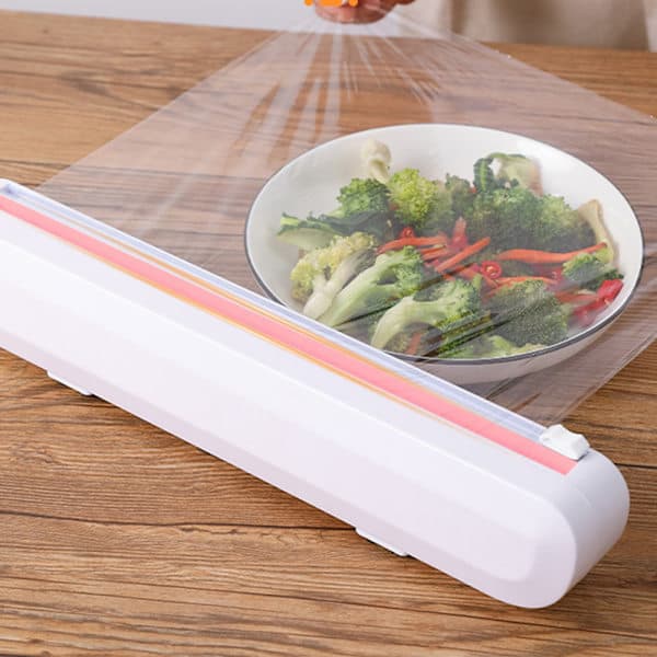 Matfoliedispenser med glidende kutter, gjenbrukbar plastfoliekutter dispenser dobbel elastisk spenne justerbar lengde