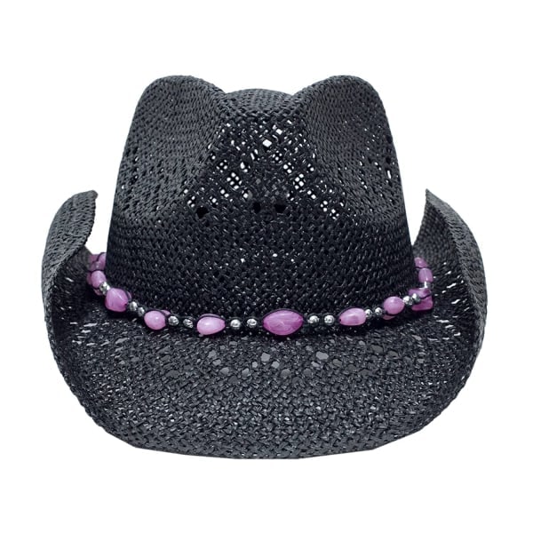 Halm cowboyhat til kvinder med perlekant og formbar skygge pink
