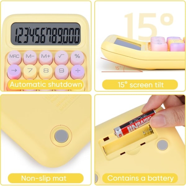 Mekanisk trykknappteller, store knapper som er lette å trykke på, fargerik godteriteller, automatisk hvilemodus, med batteri (gul)