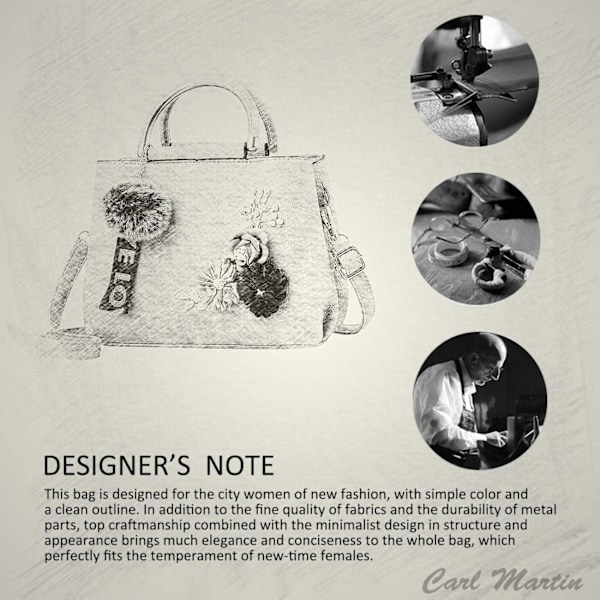 Lædertote skuldertaske til kvinder med blomster, vintage tote taske, designer håndtaske med pompon, lysegrå