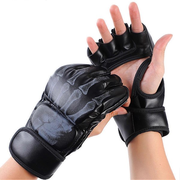 1 Par Halv Finger Boksehandsker PU Læder Ghost Hand MMA Handsker til Muay Thai Kamp Boksesække Sort