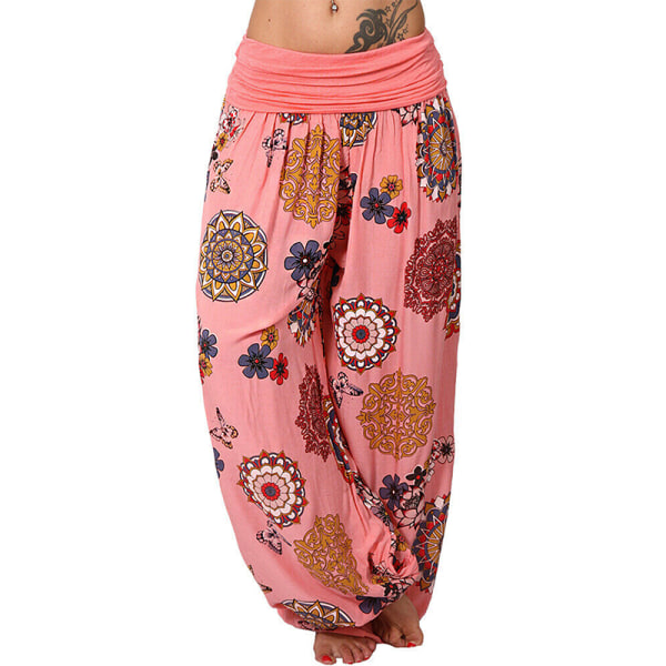 Yogabyxor för kvinnor Baggy Harem Boho Wide Leg Sports Aladdin Pants Pink,XL