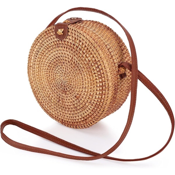 Rund rottingväska, bohemisk rottingväska handgjord rund vävd väska för kvinnor sommar strandväska klassisk rotting axelväska chic halm crossbody vä...