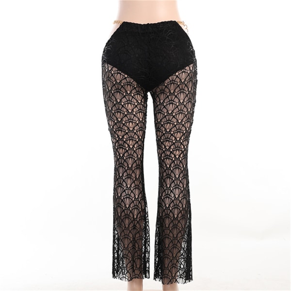 Kvinder Blonde Se Through Flare Bukser etal Chain High Waist Trous Black M