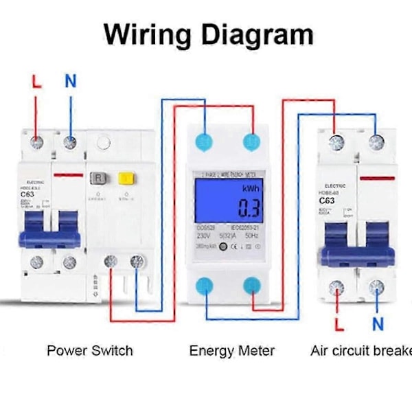 KWh-mätare, Digital 1-fas elektronisk kilowattimmätare, DIN-skenmonterad med tydlig LCD-display för noggrann energimätning