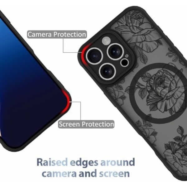 Skal för iPhone 16 Pro Max [MagSafe-kompatibelt] Svart Blomma Blommigt Mönster Design Skal för Kvinnor Flickor Mjuk TPU