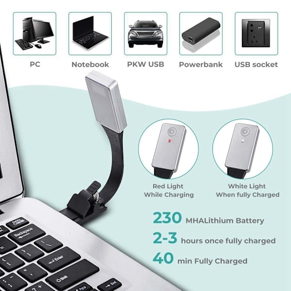 2x Uppladdningsbar E-bok LED-lampa för papper Ny USB Läslampa Boklampa Klämma för resor Säng
