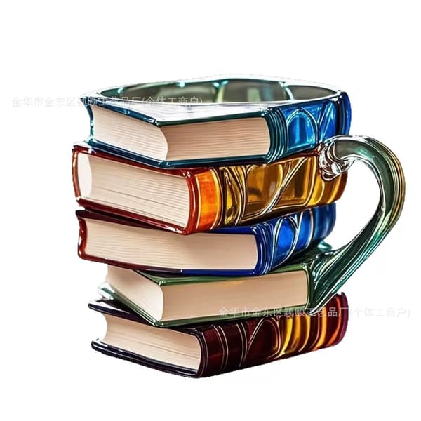 Målad Bokmugg: En unik 3D-målad kaffekopp med boktema. Set D