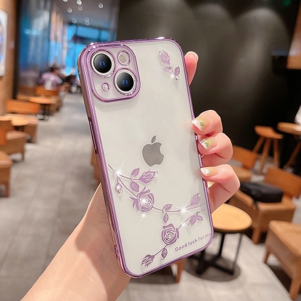 Rosmönstrad galvaniserat telefonfodral för iPhone 14 Pro (lila)
