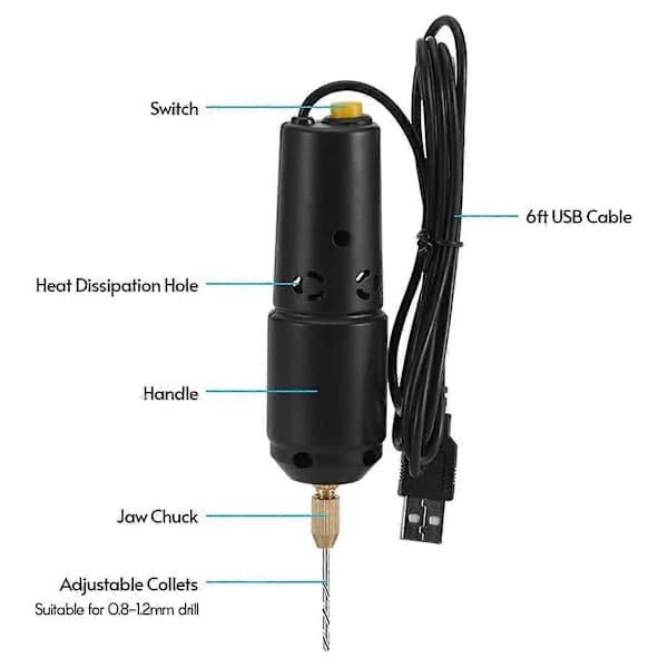 Miniature borebits til smykkefremstilling, USB elektrisk borebitsæt, inkluderer 10 borebits fra 0,8 til 1,2 mm.