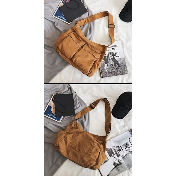 Canvas Crossbody-väska för dam, stor messenger-väska, axelväska för resor, flera fickor