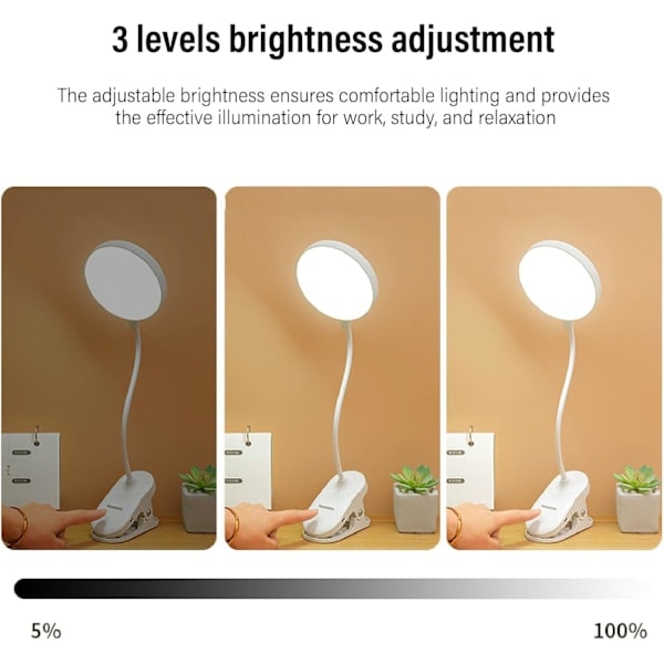 LED USB Klemmelampe Touch Kontrol, 3 Lysindstillinger Justerbar Lysstyrke Skrivebordslampe, Læselampe Sengelampe