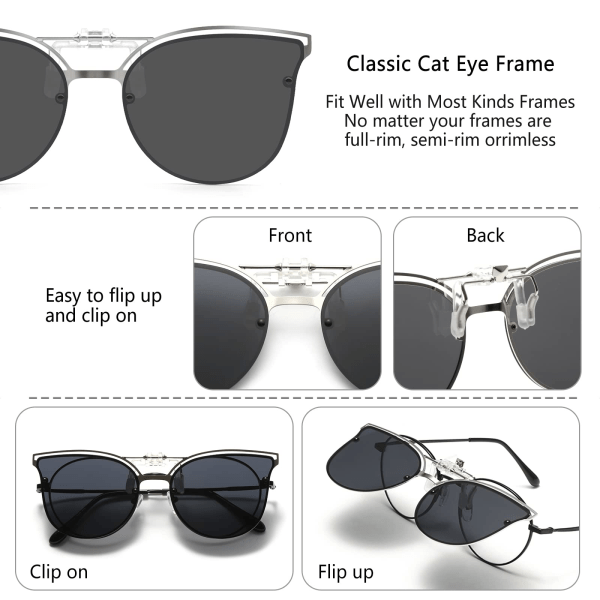 Polariserade Clip-On Solglasögon - Receptbelagda Glasögon Anti-Glare UV400 Mode Cat Eye Clip-On Solglasögon