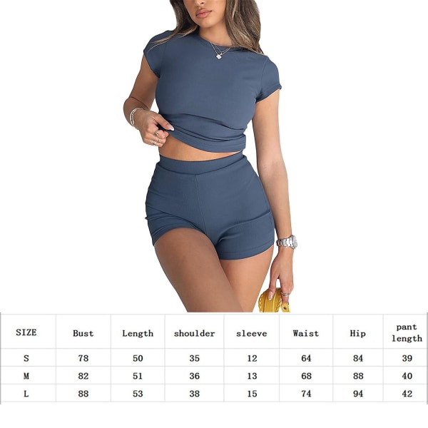 Ribbstickad kortärmad laiha t-paita ohut shortsit dam 2-delad skinny workout löpning Activewear Set Gray Blue L