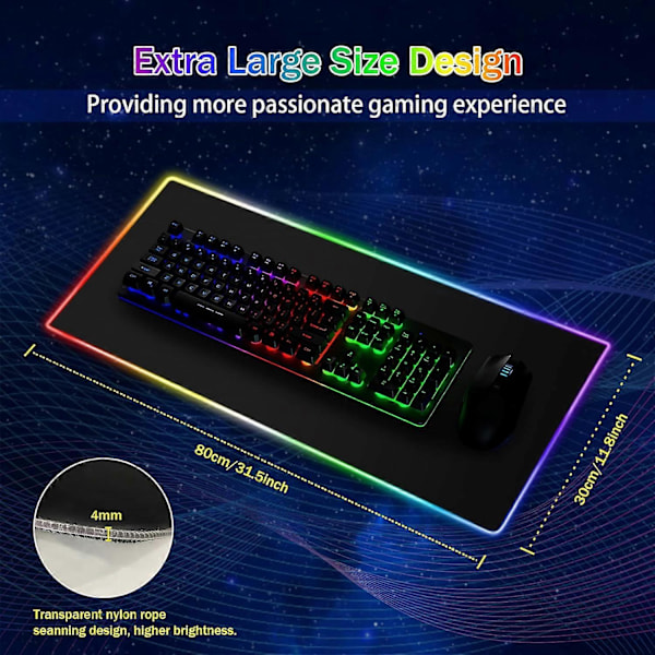 RGB Gaming Musemåtte, 800 x 300 mm, XL Musemåtte med 14 Lysindstillinger og 7 LED-farver, Stor Udvidet Lysende Skridsikker til Computer PC Gamer