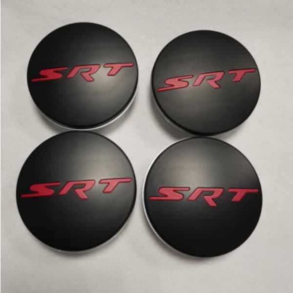 4x til DODGE CHALLENGER DEMON 63MM Mat Sort Rød SRT Bogstav Hjul Centerkapsler