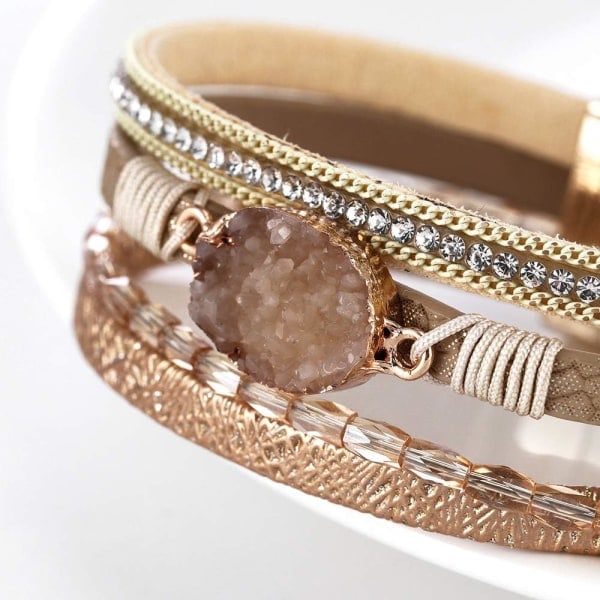 Leopardi Rannekoru Naisille, Boho Nahkainen Kääre Monikerroksinen Helmi Kristallirannekoru Korut B17Gold Stone(Short) A7Feather