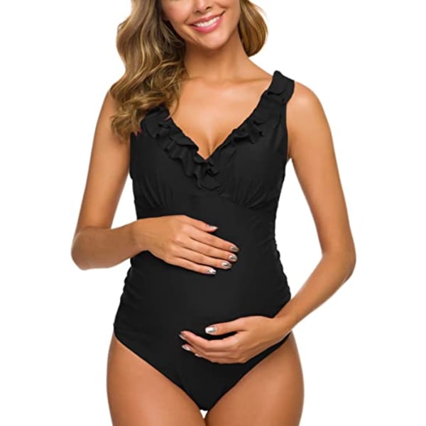 One Piece Maternity Flæsebadedragt Rygløs Monokini Dyb V-hals Sort M M