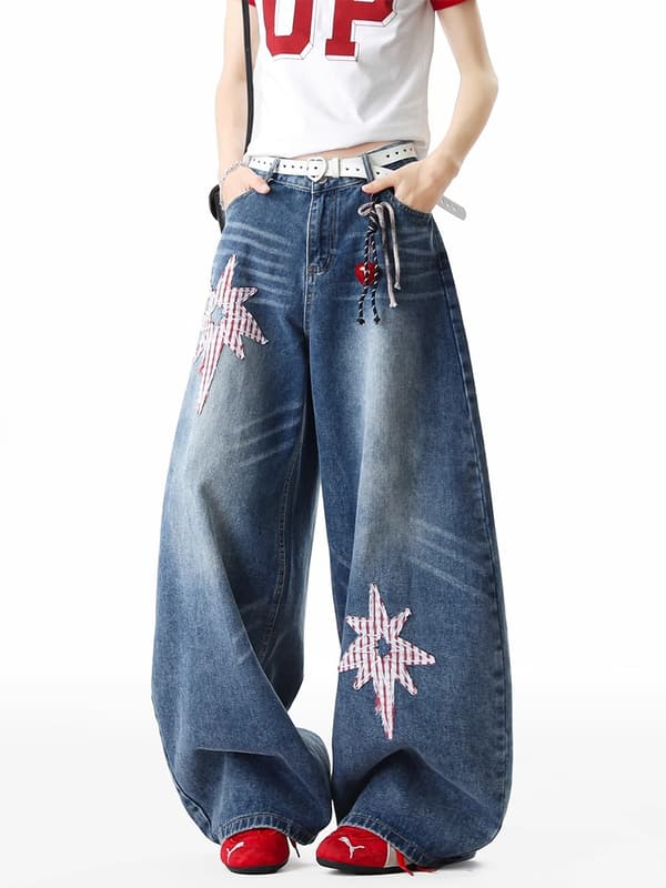 Amerikansk-stil 3D stjernemønstrede denimjeans til kvinder, efterårsdesign, løstsiddende lige ben... 2XL