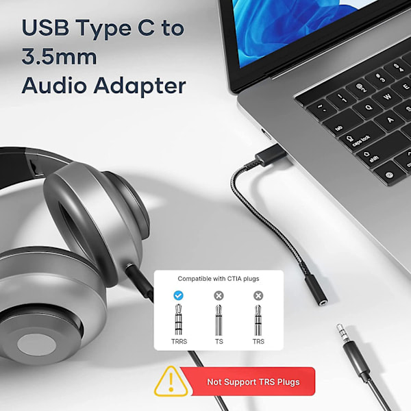 Svart USB-C till 3,5 mm hörlursadapter, USB Type-C ljudjackadapter med DAC, Type-C till digitala ljudhörlurar kompatibel med Galaxy S