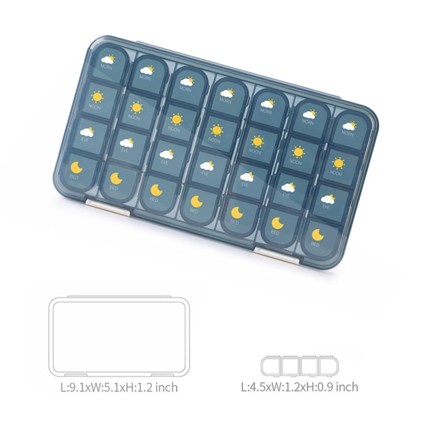 7-dagers bærbar pilleboks med stor kapasitet med 21/28 rom for liten oppbevaring 28 grid Blue