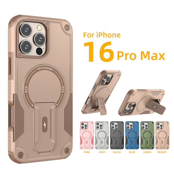 Fyrhörns anti-fall magnetiskt osynligt stativ mobilskal lämpligt för iPhone1516promax Army Green iPhone16E