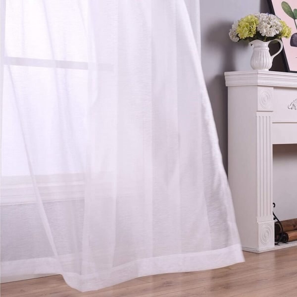 210 cm hvide gardiner med hvide øjer, sæt med 2 paneler, vindueshalvtransparente gardiner, polyester voile look gardiner til soveværelse