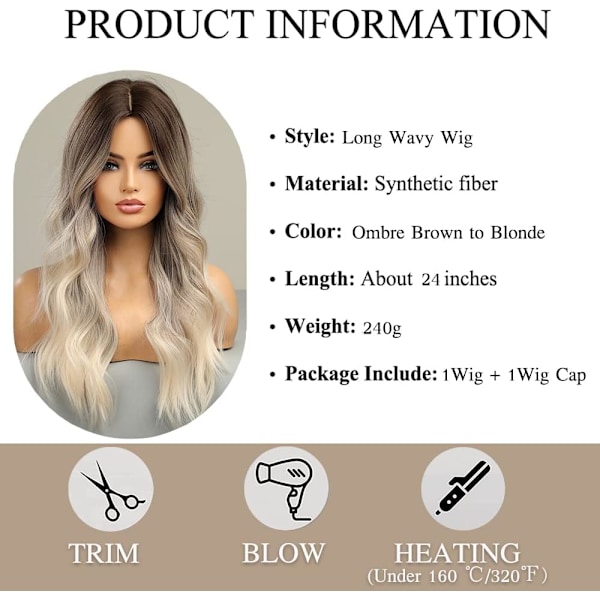 Lång vågig gradient brun till blond peruk för kvinnor, gradientfärgad peruk, lämplig för daglig festrollspel