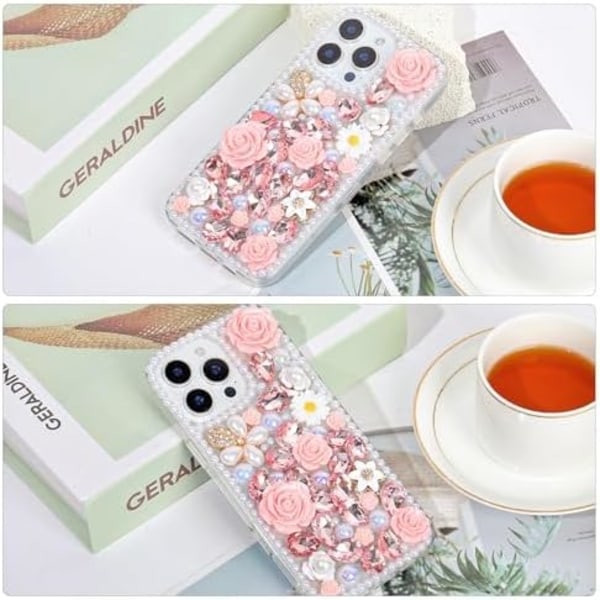 Bling Glitter Diamantfodral för iPhone 16 Pro Max, Lyxigt Kristall Rhinestone Glittrande Blommor Pärla Skyddande Skal för Kvinnor Flickor