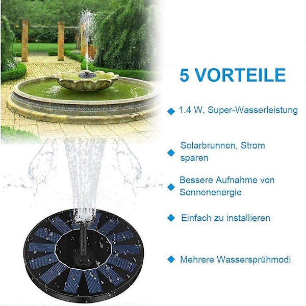 Solcellsdriven fontän, solcellsdriven dammpump trädgårdsvattenpump med 1,4W monokristallin solpanel fontän, flytande dekoration för trädgård, liten damm