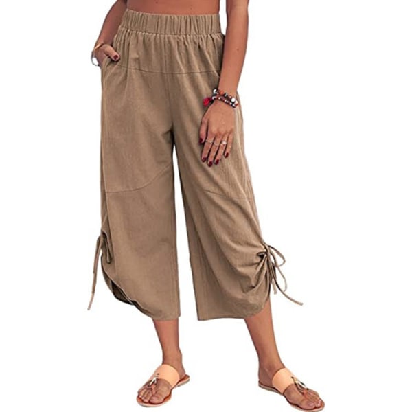 Dam Capri-byxor med elastisk midja med fickor, beskurna byxor Khaki XL