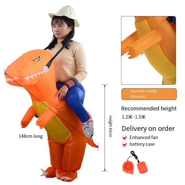 Børne- og voksen 3D dinosaur ridning oppusteligt tøj Orange （120-150cm）