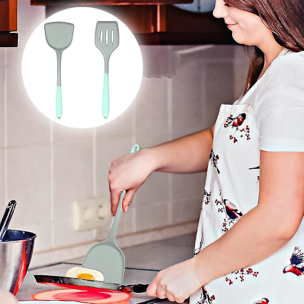 Tofarvet silikone non-stick køkkenredskabssæt med 2 køkkenspatler, ske, dørslag, stegepande