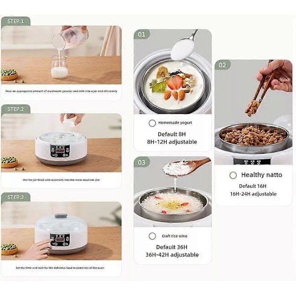 36-timmars Yoghurtmaskin, Yoghurtmaskin med Justerbar Temperatur & Tidsstyrning