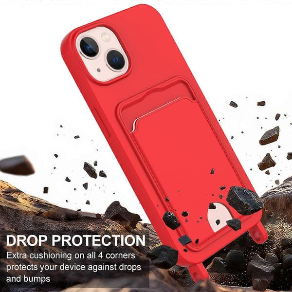 Flytende silikon deksel til iPhone 14 Plus / iPhone 15 Plus med kortholder og kort stropp - Rød