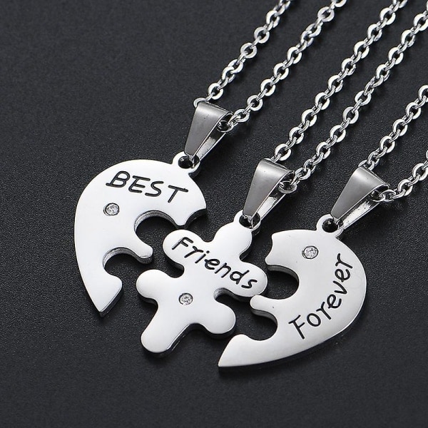Sæt med 3 stk. rustfri halskæder med hjerteformede puslevedhæng med teksten  \"Best Friends Forever \", sølv, guld, sort