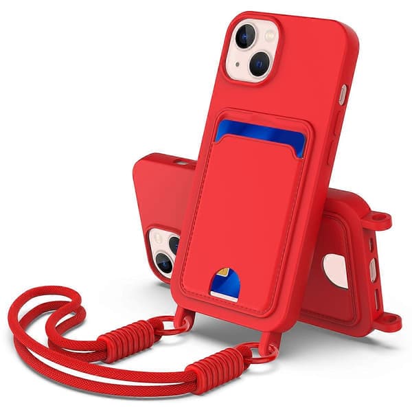 Flydende silikone etui til iPhone 14 Plus / iPhone 15 Plus med kortholder og kort rem, rød