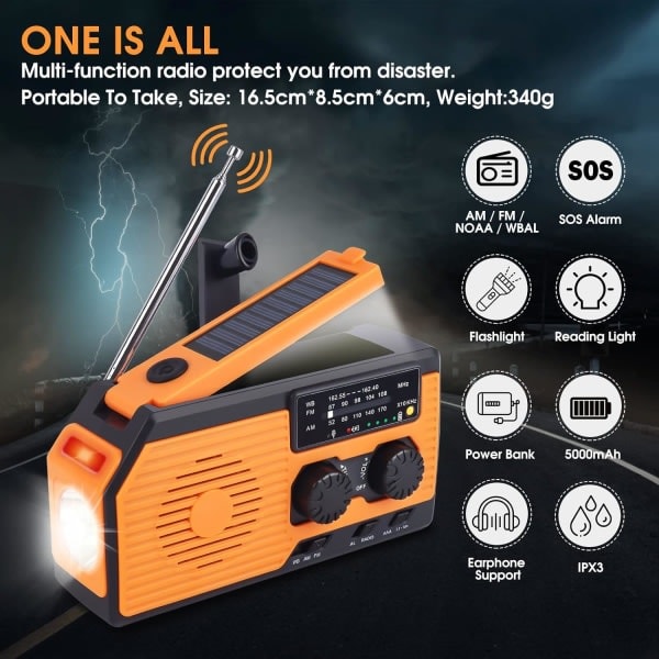 Solcellsdriven Vattentät Radio med 5000mAh Laddningsbart Nödläge