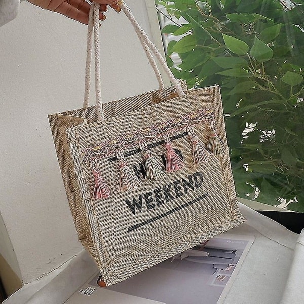 Kvinners Dusk Trim Jute Strandveske Shopping Bag Med Håndtak Svart