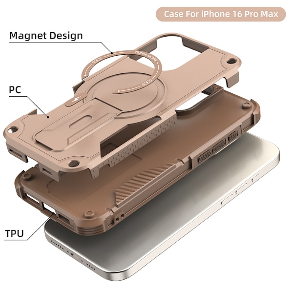 Fyrhörns anti-fall magnetiskt osynligt stativ mobilskal lämpligt för iPhone1516promax Army Green iPhone16E
