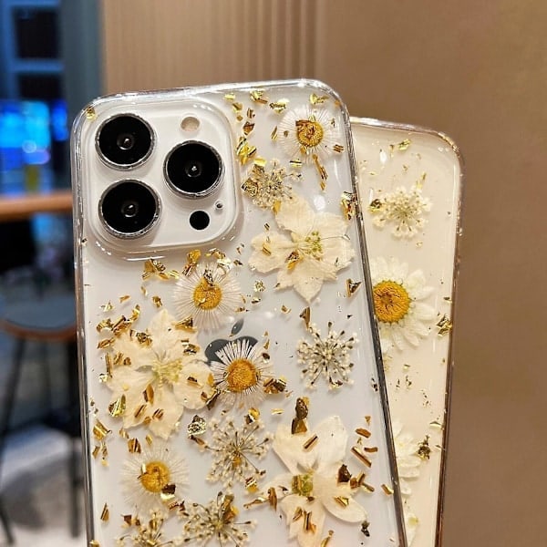 Design iPhone 16 Pro Cover Blomster, Klart Sødt Glitter Presset Tørret Blomstermønster Cover Transparent Blødt Slim TPU Beskyttende (Guld Tusindfryd) iPhone 14 Plus/15 Plus