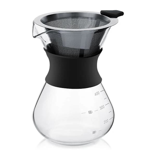 Manuel pour-over kaffemaskine, glaskrop, rustfrit stålfilter.