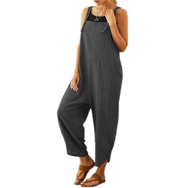 Kvinnors ärmlösa lösa jumpsuits med fickor Knapp Casual grey 3XL