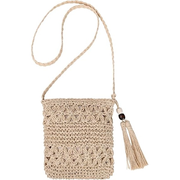 Stråväska för damer, sommarstrand tofs stråväska, vävd handgjord dragkedja enkel crossbody-väska, axelväska i bohemisk stil för sommarstrandresor