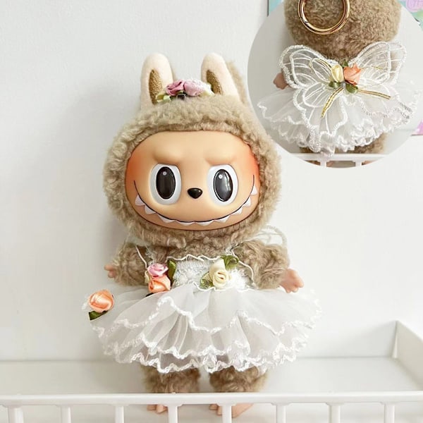 Hovedblomst brudekjole inkluderer ikke sko, (kun tøj) 17cm vedhæng blindbox macaron Labubu Labubu Time to chill dukketøj