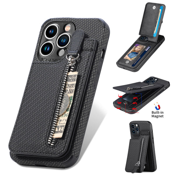 Læder Kortholder Magnetisk Pung Mobilcover iPhone 14 /14 Pro/14 Pro Max, iPhone 13 /13 Pro/13 Pro Max, iPhone 12 /12 Pro/12Pro Max - Sort