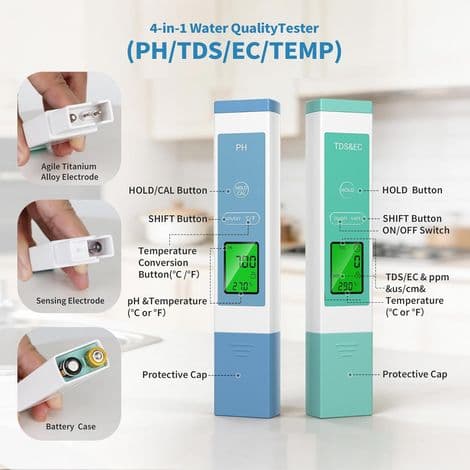 Forever Speed 4-i-1 Pool pH-tester, Elektronisk pH-meter pH/TDS/EC/Temperatur [Emoji-påmindelse] TDS-meter EC-meter til .