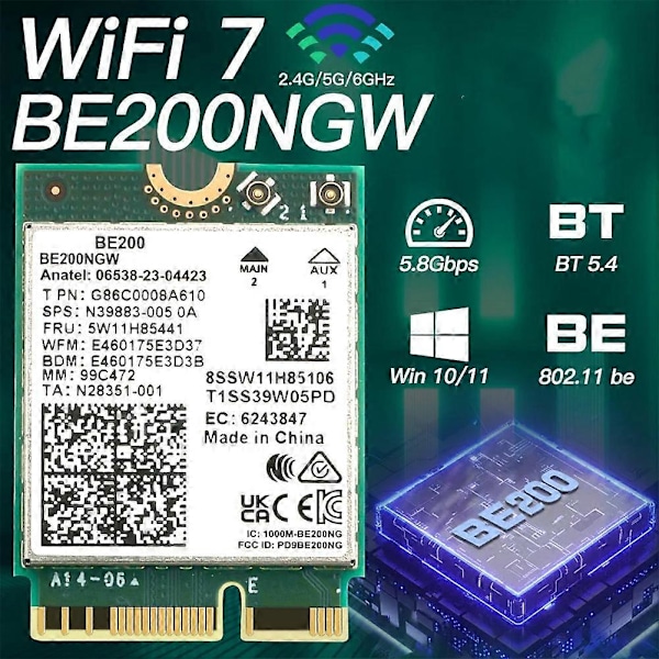 WIFI 7 BE200 BE200NGW WiFi Kort+Antenne BT 5.4 802.11AX Tri-Band M.2 NGFF Trådløst Netværksadapter f