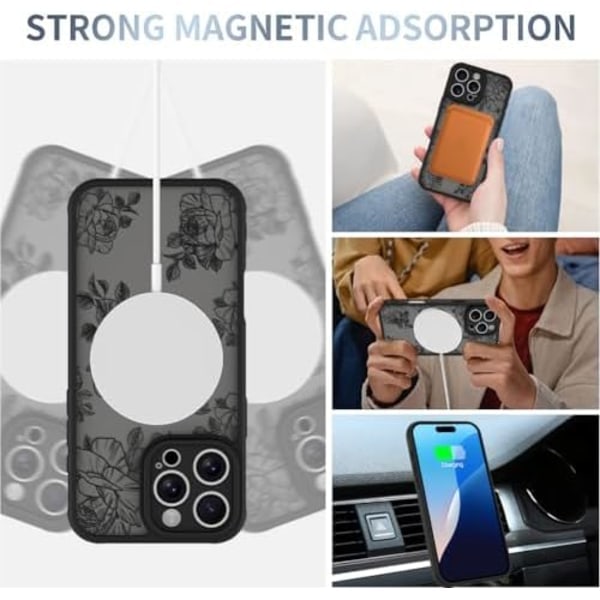 Skal för iPhone 16 Pro Max [MagSafe-kompatibelt] Svart Blomma Blommigt Mönster Design Skal för Kvinnor Flickor Mjuk TPU