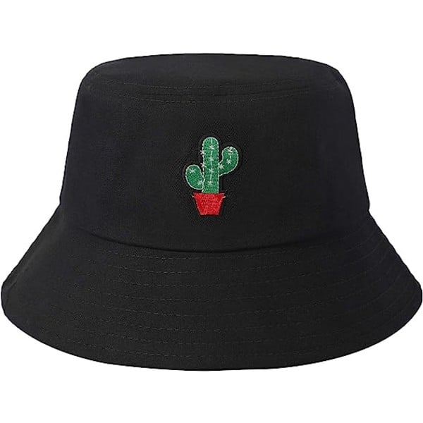 Bucket Hat Bomuld Sommer Fiskerhat til kvinder mænd, (kaktus-sort)